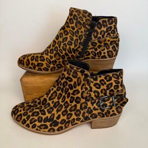 Gianni Bini Torloni Leopard Print 7.5 Ankle Boots Leather Fur Block Heel Zip